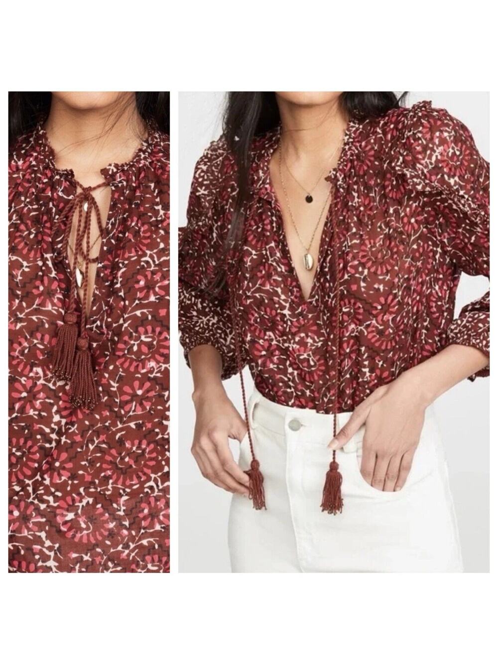 Ulla Johnson Lillian Burgundy Red Floral Puff Sleeve Ruffle Tassel Top Size 2